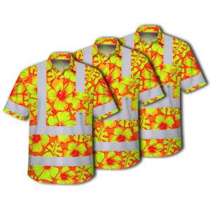 Choose Pack Hi Vis Hawaiian Shirt Reflective Tapes Orange Neon And Yellow Flowers Custom Name Safety Workwear For Workers, Truckers, Operators