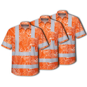 Choose Pack Hi Vis Hawaiian Shirt Reflective Tapes Orange Neon Flowers Custom Name Safety Workwear For Workers, Truckers, Operators