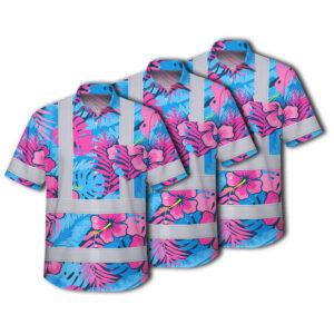 Choose Pack Hi Vis Hawaiian Shirt Reflective Tapes Pink Neon And Blue Flowers Custom Name Safety Workwear For Workers, Truckers, Operators