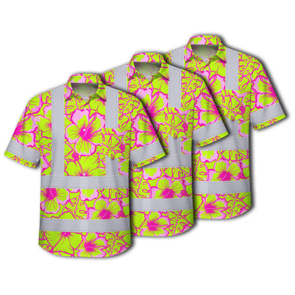 Choose Pack Hi Vis Hawaiian Shirt Reflective Tapes Pink Neon And Lime Flowers Custom Name Safety Workwear For Workers, Truckers, Operators 1