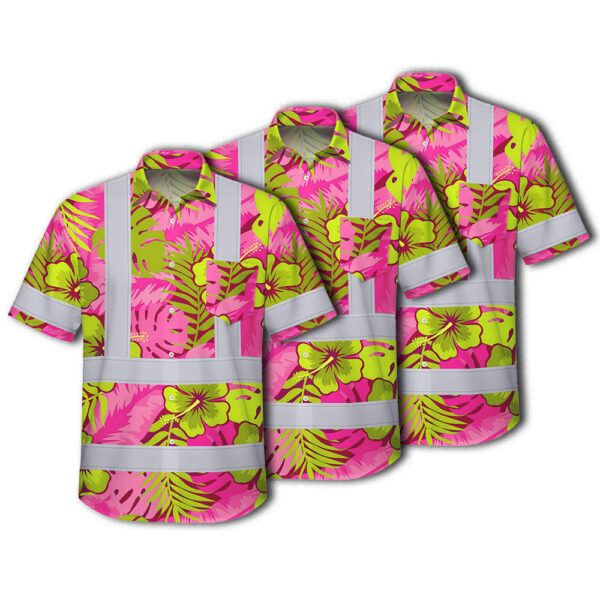 Choose Pack Hi Vis Hawaiian Shirt Reflective Tapes Pink Neon And Lime Flowers Custom Name Safety Workwear For Workers, Truckers, Operators1