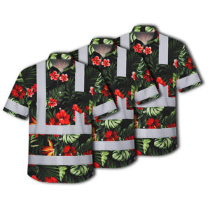 Choose Pack Hi Vis Hawaiian Shirt Reflective Tapes Red Neon Flowers Custom Name Safety Workwear For Workers, Truckers, Operators