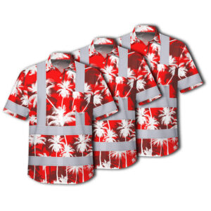 Choose Pack Hi Vis Hawaiian Shirt Reflective Tapes Red Neon Flowers Custom Name Safety Workwear For Workers, Truckers, Operators