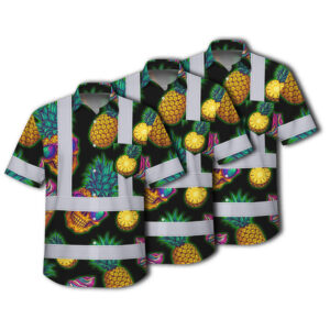 Choose Pack Hi Vis Hawaiian Shirt Reflective Tapes Yellow Neon Skull Custom Name Safety Workwear For Workers, Truckers, Operators
