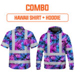 Combo Hi Vis Hawaiian Shirt And Hoodie Reflective Tapes Gradient Blue Violet Custom Name Safety Workwear For Workers, Truckers, Operators