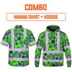 Combo Hi Vis Hawaiian Shirt And Hoodie Reflective Tapes Green Neon And Violet Flowers Custom Name Safety Workwear For Workers, Truckers, Operators