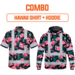 Combo Hi Vis Hawaiian Shirt And Hoodie Reflective Tapes Hawaii Flamingo Custom Name Safety Workwear For Workers, Truckers, Operators