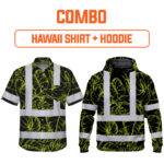 Combo Hi Vis Hawaiian Shirt And Hoodie Reflective Tapes Lime Neon Flowers Custom Name Safety Workwear For Workers, Truckers, Operators