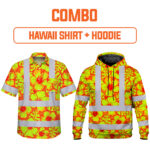 Combo Hi Vis Hawaiian Shirt And Hoodie Reflective Tapes Orange Neon And Yellow Flowers Custom Name Safety Workwear For Workers, Truckers, Operators