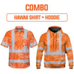Combo Hi Vis Hawaiian Shirt And Hoodie Reflective Tapes Orange Neon Flowers Custom Name Safety Workwear For Workers, Truckers, Operators