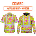 Combo Hi Vis Hawaiian Shirt And Hoodie Reflective Tapes Pink Neon And Lime Flowers Custom Name Safety Workwear For Workers, Truckers, Operators