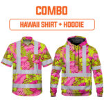 Combo Hi Vis Hawaiian Shirt And Hoodie Reflective Tapes Pink Neon And Lime Flowers Custom Name Safety Workwear For Workers, Truckers, Operators