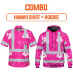 Combo Hi Vis Hawaiian Shirt And Hoodie Reflective Tapes Pink Neon Flowers Custom Name Safety Workwear For Workers, Truckers, Operators