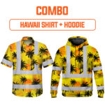 Combo Hi Vis Hawaiian Shirt And Hoodie Reflective Tapes Yellow Neon Flowers Custom Name