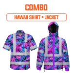 Combo Hi Vis Hawaiian Shirt And Jacket Reflective Tapes Gradient Blue Violet Custom Name Safety Workwear For Workers, Truckers, Operators