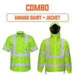 Combo Hi Vis Hawaiian Shirt And Jacket Reflective Tapes Green Grey Flowers Custom Name Safety Workwear For Workers, Truckers, Operators