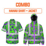 Combo Hi Vis Hawaiian Shirt And Jacket Reflective Tapes Green Neon And Violet Flowers Custom Name Safety Workwear For Workers, Truckers, Operators
