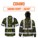 Combo Hi Vis Hawaiian Shirt And Jacket Reflective Tapes Lime Neon Flowers Custom Name Safety Workwear For Workers, Truckers, Operators