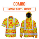 Combo Hi Vis Hawaiian Shirt And Jacket Reflective Tapes Orange Neon And Yellow Flowers Custom Name Safety Workwear For Workers, Truckers, Operators