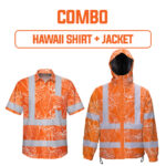 Combo Hi Vis Hawaiian Shirt And Jacket Reflective Tapes Orange Neon Flowers Custom Name Safety Workwear For Workers, Truckers, Operators