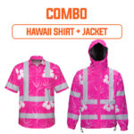 Combo Hi Vis Hawaiian Shirt And Jacket Reflective Tapes Pink Neon Flowers Custom Name Safety Workwear For Workers, Truckers, Operators