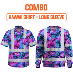 Combo Hi Vis Hawaiian Shirt Reflective Tapes Gradient Blue Violet Custom Name Safety Workwear For Workers, Truckers, Operators
