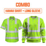 Combo Hi Vis Hawaiian Shirt And Long Sleeve Reflective Tapes Green Grey Flowers Custom Name Safety Workwear For Workers, Truckers, Operators