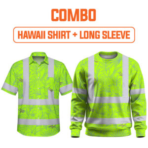 Combo Hi Vis Hawaiian Shirt Reflective Tapes Green Grey Flowers Custom Name Safety Workwear For Workers, Truckers, Operators