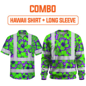 Combo Hi Vis Hawaiian Shirt Reflective Tapes Green Neon And Violet Flowers Custom Name Safety Workwear For Workers, Truckers, Operators