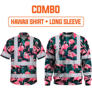 Combo Hi Vis Hawaiian Shirt Reflective Tapes Hawaii Flamingo Custom Name Safety Workwear For Workers, Truckers, Operators