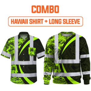 Combo Hi Vis Hawaiian Shirt Reflective Tapes Hawaiian Polynesian Tribal Safety Workwear For Workers, Truckers, Operators