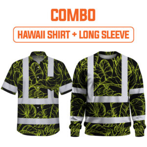 Combo Hi Vis Hawaiian Shirt Reflective Tapes Lime Neon Flowers Custom Name Safety Workwear For Workers, Truckers, Operators