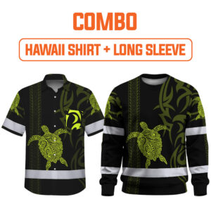 Combo Hi Vis Hawaiian Shirt Reflective Tapes Lime Neon Hawaiian Polynesian Tribal Custom Name Safety Workwear For Workers, Truckers, Operators