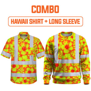 Combo Hi Vis Hawaiian Shirt Reflective Tapes Orange Neon And Yellow Flowers Custom Name Safety Workwear For Workers, Truckers, Operators
