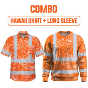 Combo Hi Vis Hawaiian Shirt Reflective Tapes Orange Neon Flowers Custom Name Safety Workwear For Workers, Truckers, Operators