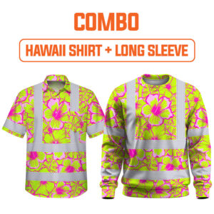 Combo Hi Vis Hawaiian Shirt Reflective Tapes Pink Neon And Lime Flowers Custom Name Safety Workwear For Workers, Truckers, Operators