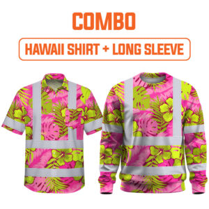 Combo Hi Vis Hawaiian Shirt Reflective Tapes Pink Neon And Lime Flowers Custom Name Safety Workwear For Workers, Truckers, Operators