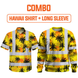 Combo Hi Vis Hawaiian Shirt Reflective Tapes Yellow Neon Flowers Custom Name Safety Workwear For Workers, Truckers, Operators