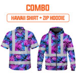Combo Hi Vis Hawaiian Shirt And Zip Hoodie Reflective Tapes Gradient Blue Violet Custom Name Safety Workwear For Workers, Truckers, Operators