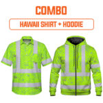 Combo Hi Vis Hawaiian Shirt And Zip Hoodie Reflective Tapes Green Grey Flowers Custom Name Safety Workwear For Workers, Truckers, Operators