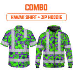 Combo Hi Vis Hawaiian Shirt And Zip Hoodie Reflective Tapes Green Neon And Violet Flowers Custom Name Safety Workwear For Workers, Truckers, Operators