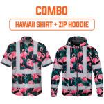 Combo Hi Vis Hawaiian Shirt And Zip Hoodie Reflective Tapes Hawaii Flamingo Custom Name Safety Workwear For Workers, Truckers, Operators