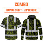 Combo Hi Vis Hawaiian Shirt And Zip Hoodie Reflective Tapes Lime Neon Flowers Custom Name Safety Workwear For Workers, Truckers, Operators