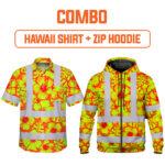 Combo Hi Vis Hawaiian Shirt And Zip Hoodie Reflective Tapes Orange Neon And Yellow Flowers Custom Name Safety Workwear For Workers, Truckers, Operators