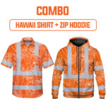 Combo Hi Vis Hawaiian Shirt And Zip Hoodie Reflective Tapes Orange Neon Flowers Custom Name Safety Workwear For Workers, Truckers, Operators