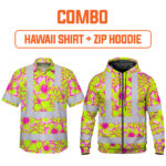 Combo Hi Vis Hawaiian Shirt And Zip Hoodie Reflective Tapes Pink Neon And Lime Flowers Custom Name Safety Workwear For Workers, Truckers, Operators