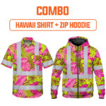 Combo Hi Vis Hawaiian Shirt And Zip Hoodie Reflective Tapes Pink Neon And Lime Flowers Custom Name Safety Workwear For Workers, Truckers, Operators