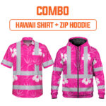 Combo Hi Vis Hawaiian Shirt And Zip Hoodie Reflective Tapes Pink Neon Flowers Custom Name Safety Workwear For Workers, Truckers, Operators