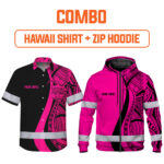 Combo Hi Vis Hawaiian Shirt And Zip Hoodie Reflective Tapes Pink Neon Hawaii Custom Name