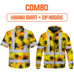 Combo Hi Vis Hawaiian Shirt And Zip Hoodie Reflective Tapes Yellow Neon Flowers Custom Name